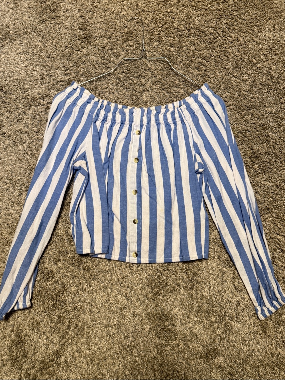 Derek Heart Blue & White Striped Off-Shoulder Button Crop Top